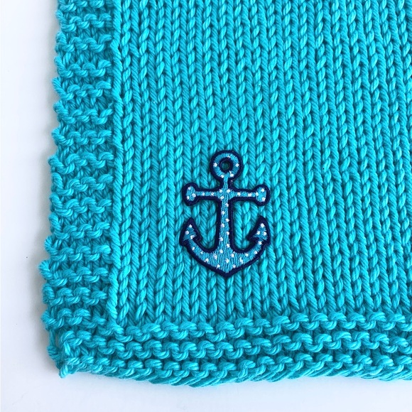 Baby Bib Set Hand Crafted Washcloth Blue Cotton Knit Anchor - Picture 5 of 12